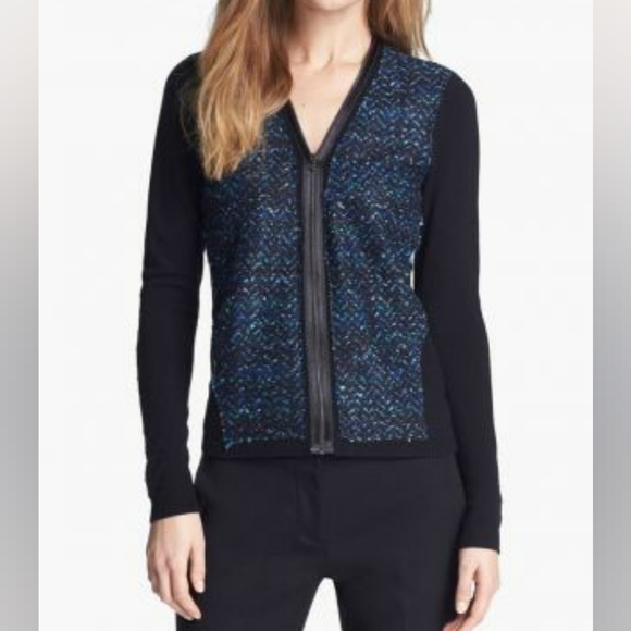 Elie Tahari | Tweed and Merino Zip-front Sweater - Picture 9 of 9